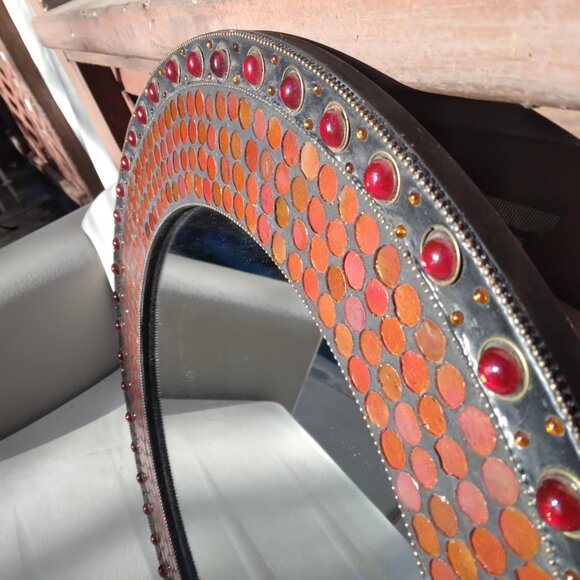 Stunning Round Red/Orange Glass Domes/Dots Mosaic Inlay Handcrafted Wall Mirror - Picture 13 of 16